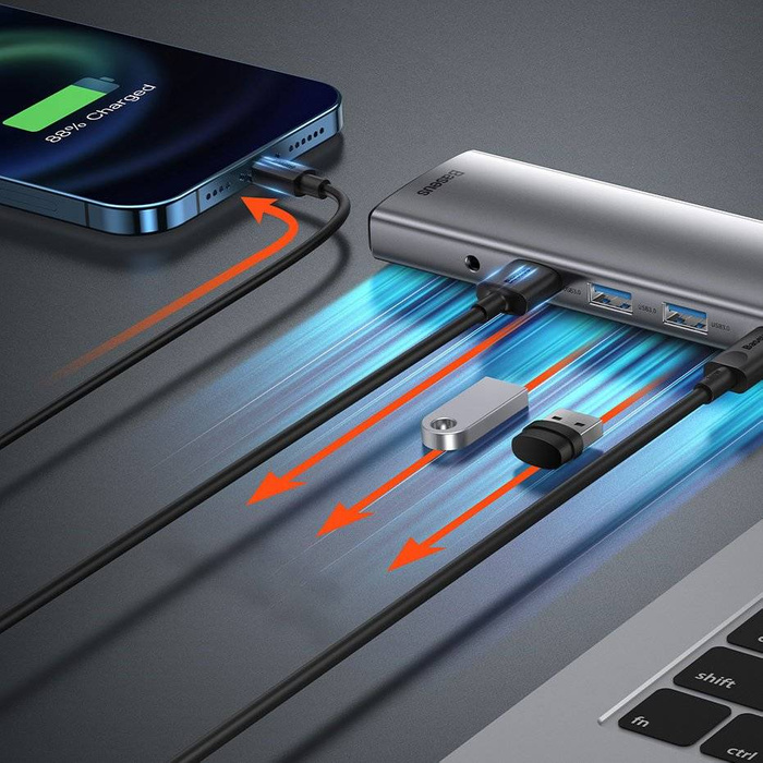 Baseus Metal Gleam 11in1 multifunkční HUB USB Type C - 3x USB 3.2 Gen 1 5Gbps / USB Type C PD 100W / 3,5 mm mini jack AUX / VGA Full HD 60Hz / 2x HDMI 4K 30Hz / TF a čtečka karet SD / RJ45 1Gbps šedá -CT0G)