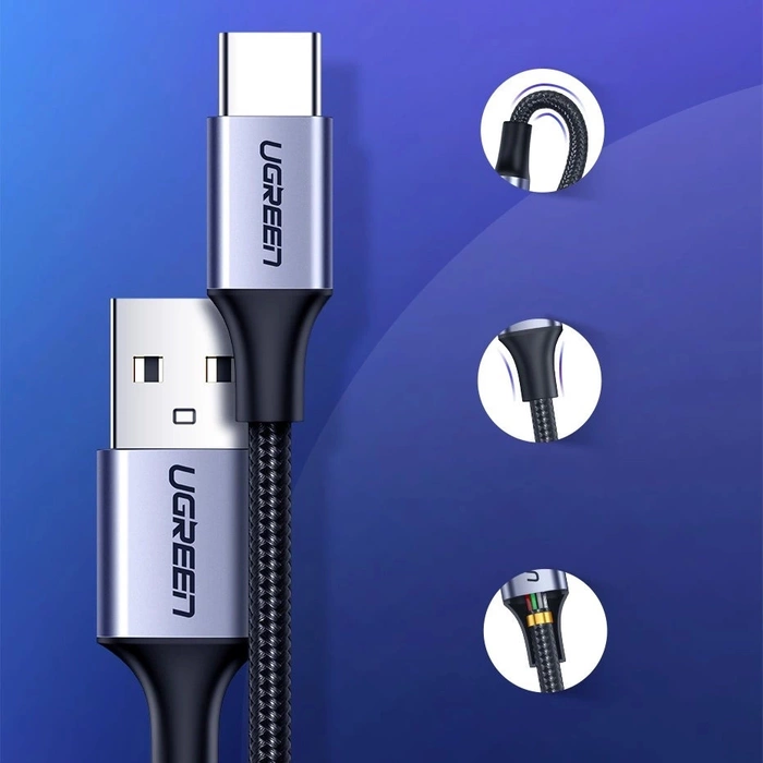 Cavo USB-C QC3.0 UGREEN nichelato 0,25m con spina in alluminio nero