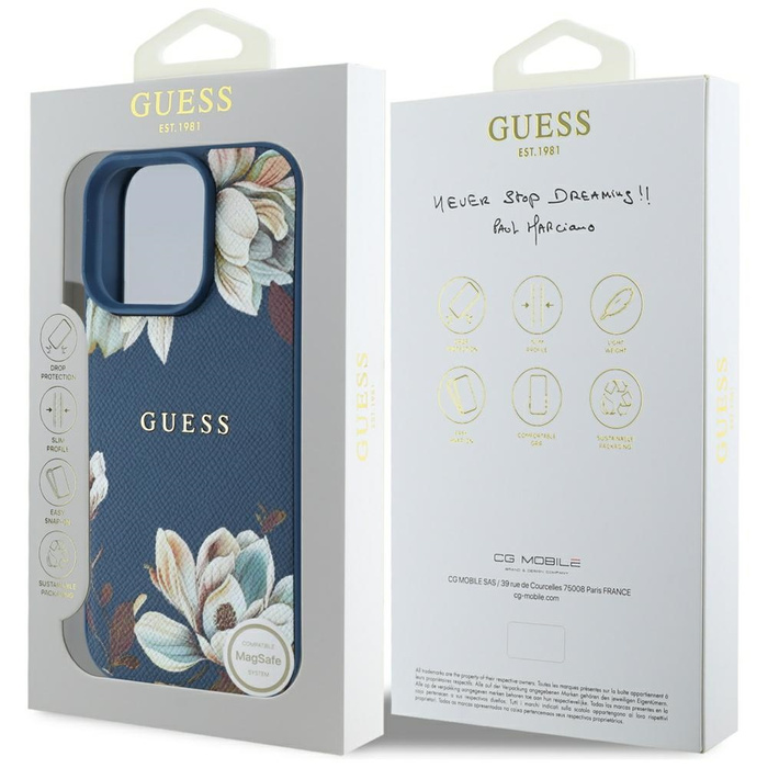 Etui Guess Grained Printed Flower         Pattern MagSafe do iPhone 16 Pro Max niebieski