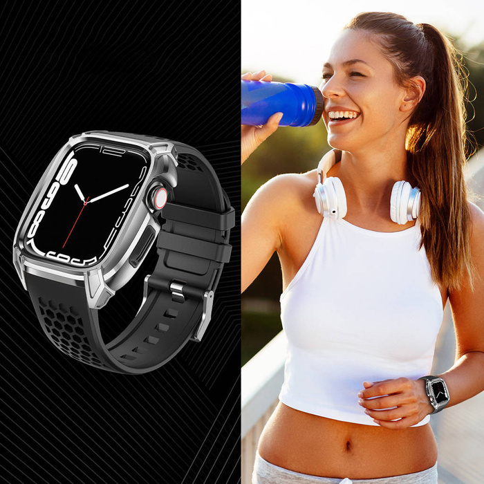 Kingxbar CYF148 2in1 Armband für Apple Watch Ultra, SE, 8, 7, 6, 5, 4, 3, 2, 1 (49, 45, 44, 42 mm) mit integriertem Edelstahl-Rüstungsgehäuse Silber