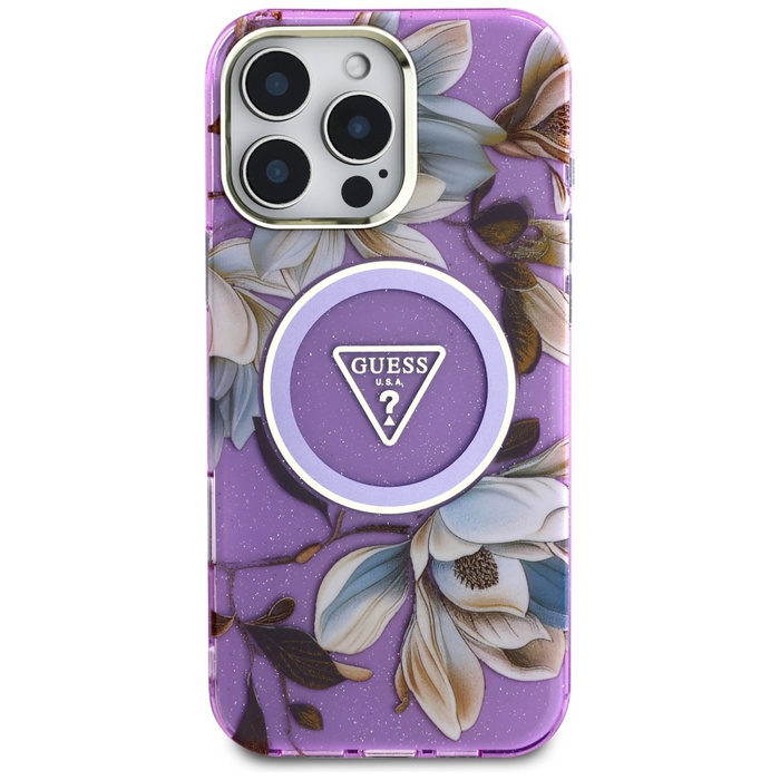 Etui Guess Glitter Flowers Triangle       Buttons MagSafe do iPhone 16 Pro fioletowy