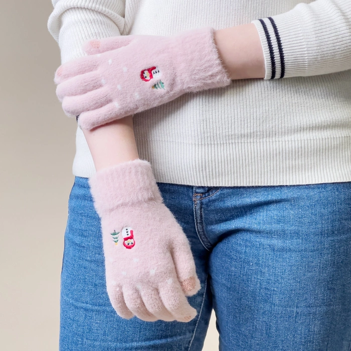Gants de téléphone d'hiver femme avec un bonhomme de neige et un sapin de Noël - rose