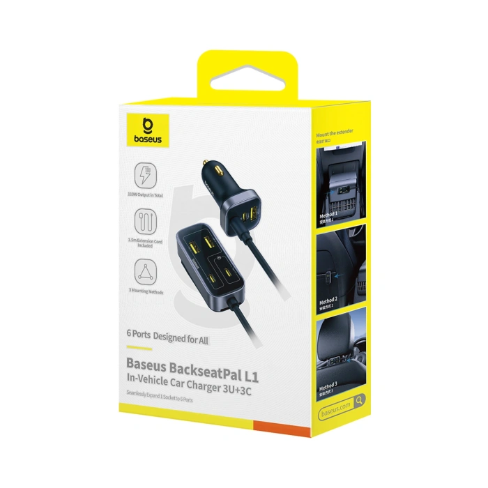 Ładowarka samochodowa Baseus BackseatPal L1 110W 3 x USB-A + 3 x USB-C z przedłużaczem 1,5 m - czarna