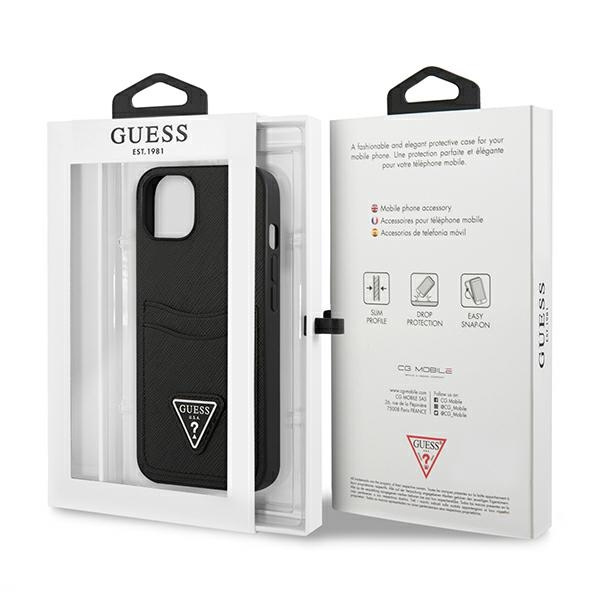 Hülle GUESS Apple iPhone 13 Mini Saffiano Triangle Logo Cardslot Schwarz Hartcase