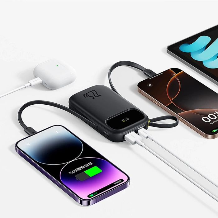 Powerbank Baseus EnerFill FC31 20000mAh 22.5W z wyświetlaczem cyfrowym i 2 wbudowanymi kablami (USB-C + Lightning) - czarny