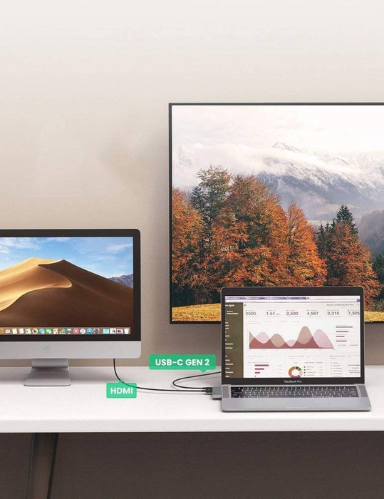 Ugreen multifunktionaler HUB 2x USB Type C auf USB Type C PD (Thunderbolt 3, 100W, 4K @ 60 Hz, 10 Gbps) / HDMI 4K @ 30 Hz / 3x USB 3.0 für MacBook Pro / Air Grey (60559)