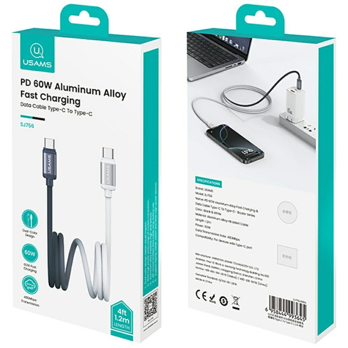 Kabel USAMS Bicolor Series SJ756 PD 60W  USB-C/USB-C 1.2m czarno biały