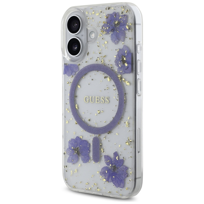 Etui Guess Resin Flowers Glitter MagSafe do iPhone 16 fioletowy