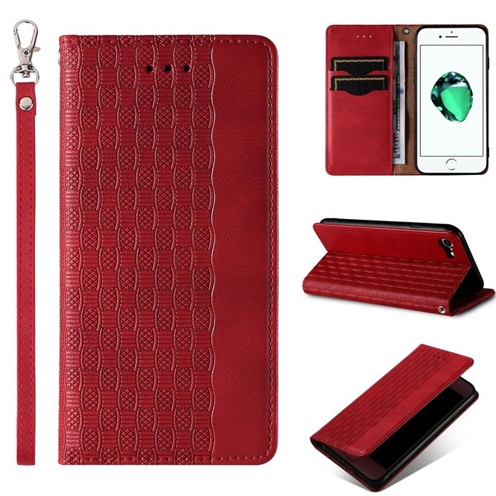 Étui à sangle magnétique pour iPhone SE 2022 / SE 2020 / iPhone 8 / iPhone 7 pochette portefeuille + mini lanière pendentif rouge