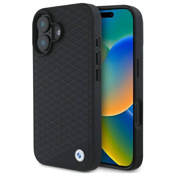 Case BMW iPhone 16 6.1" black/black hardcase Sign Leather Diamond Metal Logo MagSafe