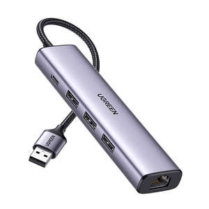 Adaptateur UGREEN 5in1 USB-A vers 3x USB 3.0 + RJ45 + USB-C (argent)