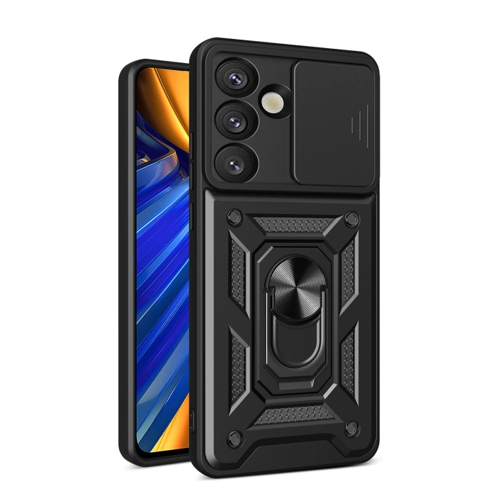 Hybrid Armor Camshield Armored Case with Stand and Camera Cover for Vivo V50 5G - Black