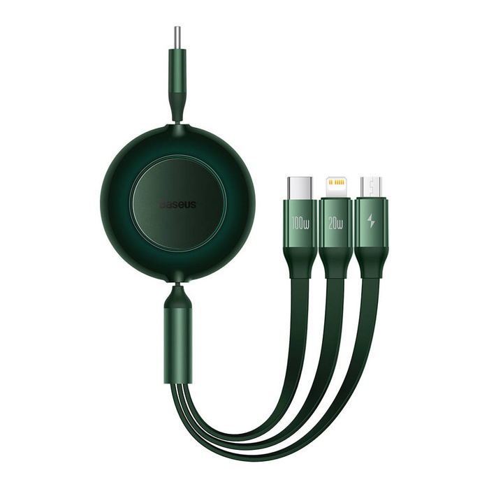 Cavo retrattile Baseus Bright Mirror 2 3in1 USB tipo C - micro USB + Lightning + USB tipo C 3.5A 1.1m verde (CAMJ010206)