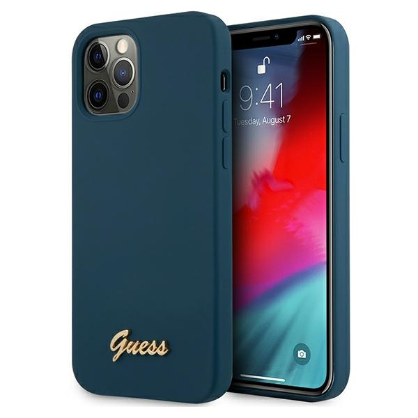 Pouzdro GUESS Apple iPhone 12 Pro Max Metal Logo Script GUHCP12LLSLMGBL Blue Hardcase