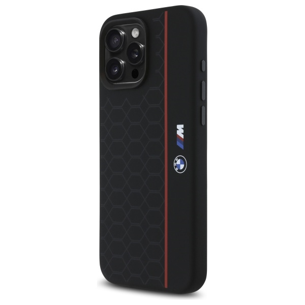 Hülle BMW iPhone 16 Pro Max schwarz/schwarz hartcase Silicone Hexagon Red Line MagSafe