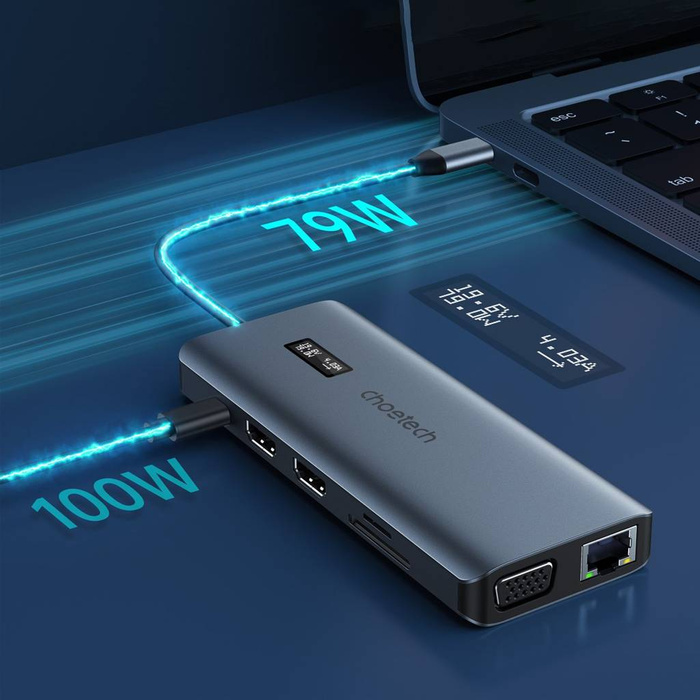 Choetech Multifunkční HUB s displejem 12v1 USB-C na USB-C / USB-A / HDMI / VGA / AUX / SD / TF šedý (HUB-M26)