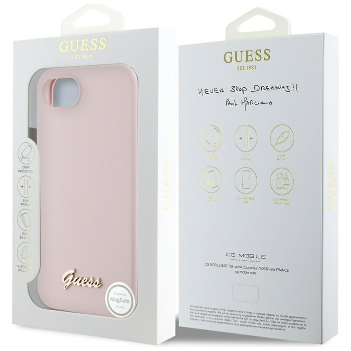 Etui Guess Silicone Script Metal Logo    MagSafe do iPhone 16e różowy