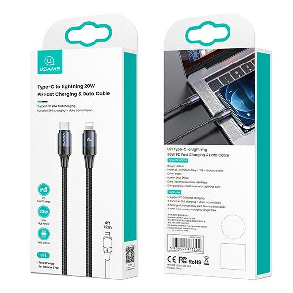 USAMS Kabel U71 USB-C to Lightning 1,2 m 20W PD Fast Charge černá / černá SJ521USB01 (US-SJ521)
