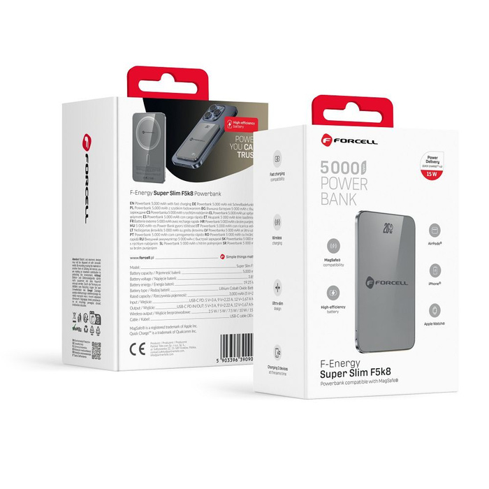 Powerbank zgodny z MagSafe Forcell F-Energy SuperSlim F5K8 QC4.0 PD3.0 15W 5000 mAh szary 0INT