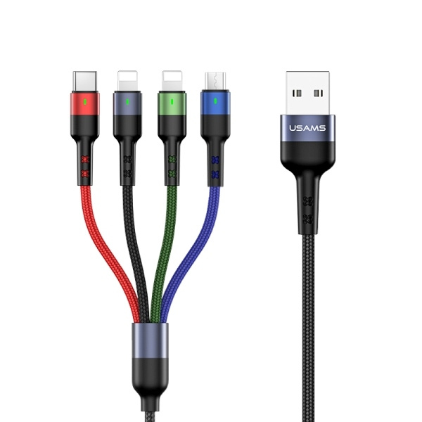 Kabel Opletený USAMS 4v1 2xLightning MicroUSB USB-C 2A Fast Charge 0,35 m černý