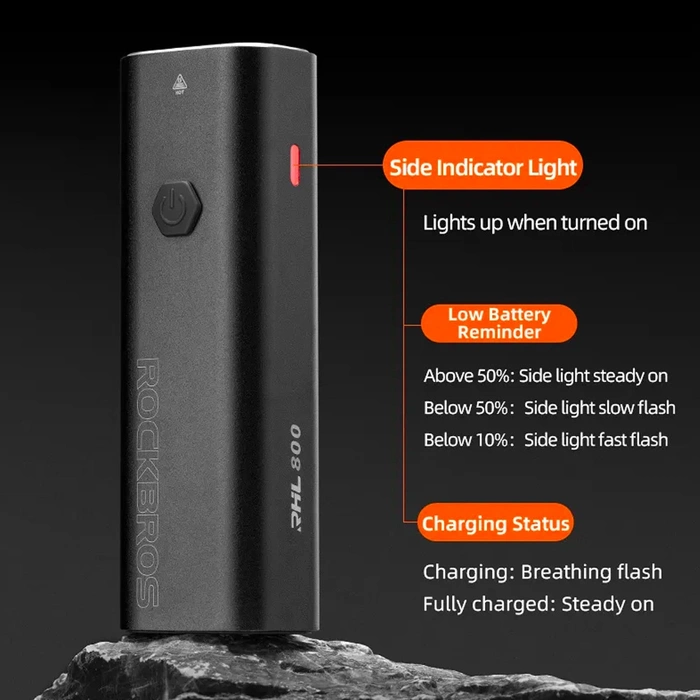 Rockbros 24710012001 éclairage avant de vélo 800 lm + USB-C - câble USB-A - noir