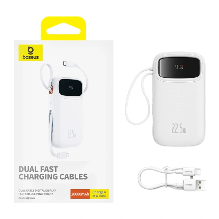 Powerbank Baseus Qpow2 20000mAh 22,5W z podwójnym kablem z wyświetlaczem cyfrowym + kabel Baseus Simple USB-C 3A 0,3m (biały) - biały