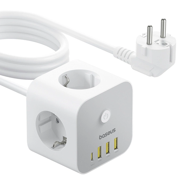 Baseus PowerCombo 7 in 1 Power Strip Cube, 3 AC + 3 x USB-A + 1 x USB-C 20W 1.5 m - white