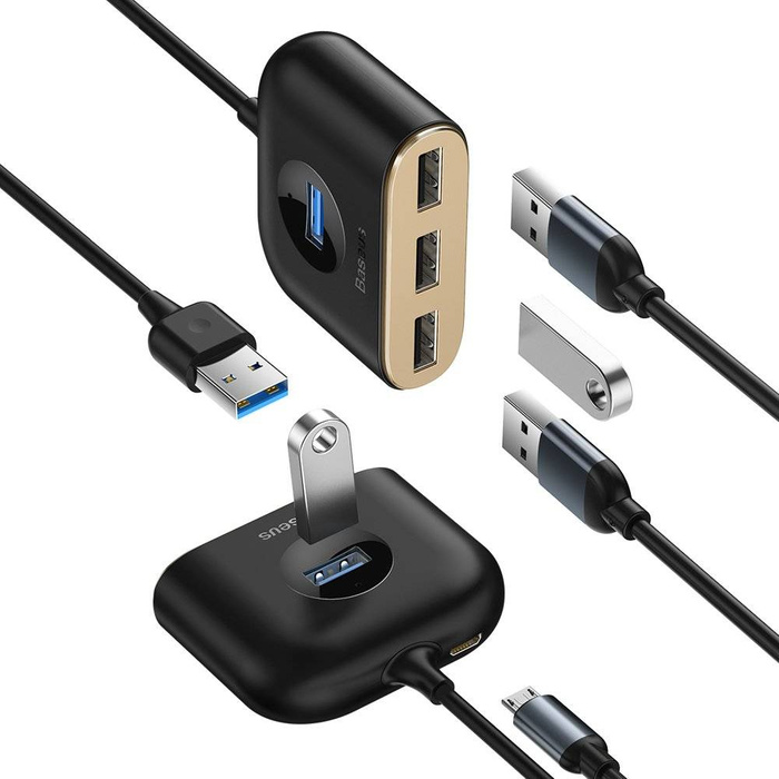 Baseus čtvercový kulatý 4v1 USB HUB adaptér (USB3.0 TO USB3.0 * 1 + USB2.0 * 3) 1m černý (CAHUB-AY01)