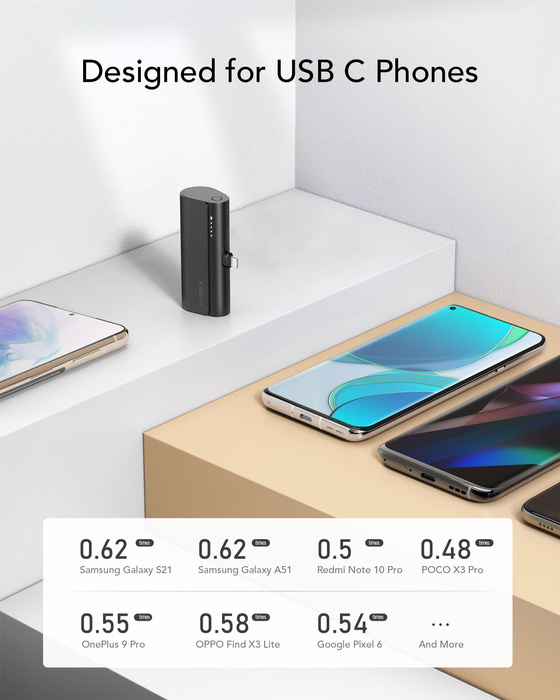 Powerbank Veger PlugOn (W0556/V0556) PD QC3.0 3A 20W 5000 mAh z wbudowanym złączem Typ C czarny