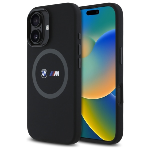 Hülle BMW iPhone 16 schwarz/schwarz hartcase M Silikondruckring MagSafe
