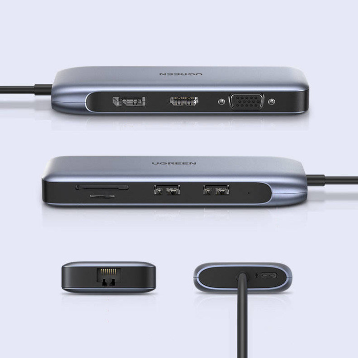 HUB multifunzione Ugreen 9in1 USB tipo C - HDMI, DP, VGA, 2 x USB, RJ45 Ethernet, lettore di schede SD / TF, USB tipo C PD 100W grigio (CM274)