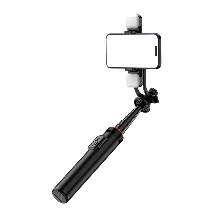 Selfie Stick WC12YDS Teleskopstativ 1,3 m aus Aluminiumlegierung mit Dual-Licht und Telefonhalter – Schwarz
