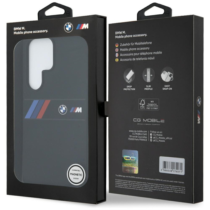 Case BMW Silicone Middle Tricolor Stripes MagSafe for Samsung Galaxy S25 Ultra black