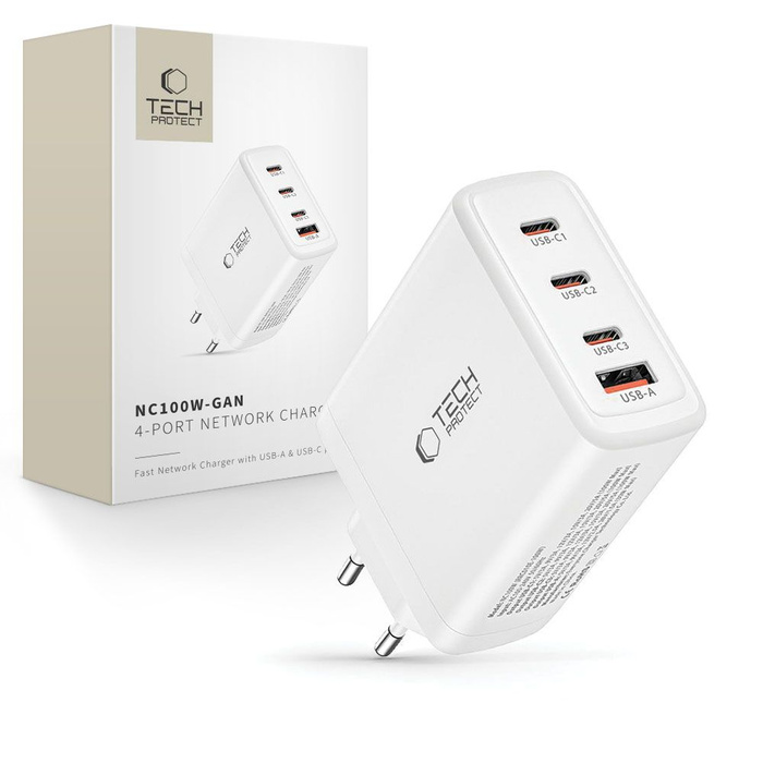 TECH-PROTECT NC100W-GAN 4-PORTOVÁ SÍŤOVÁ NABÍJEČKA PD100W/QC3.0 BÍLÁ