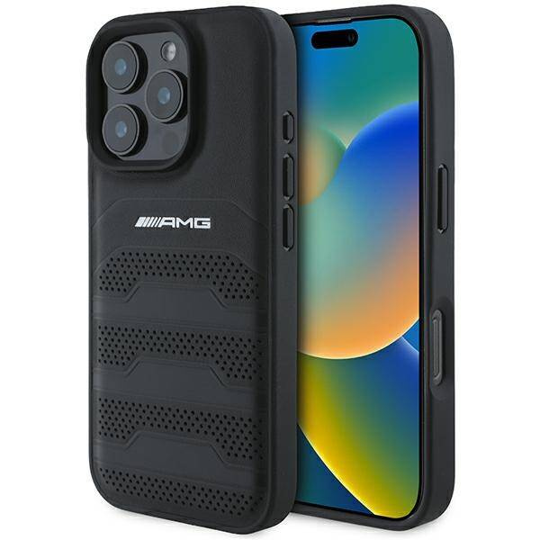 ETUI AMG iPhone 16 Pro Max 6.9" czarny/black hardcase Leather Debossed Lines Black Logo