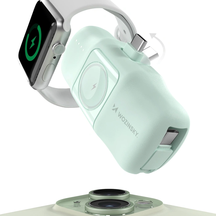 Mini powerbank Wozinsky WF16-YCS 5000mAh 15W USB-C z wbudowanym kablem USB-C i ładowarką do Apple Watch - zielony
