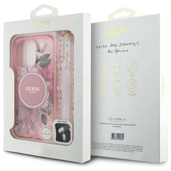 Etui Guess iPhone 16 Pro 6.3" różowy/pink hardcase IML Flowers With Pearl Strap MagSafe