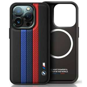 Cover BMW iPhone 16 Pro 6,3" nero/nero durocase M Perf. Strisce stampate tricolore MagSafe
