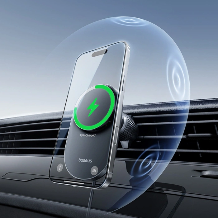 Uchwyt magnetyczny Baseus PrimeTrip VC2 Pro z ładowarką Qi2.2 z wentylatorem na kratkę nawiewu - czarny