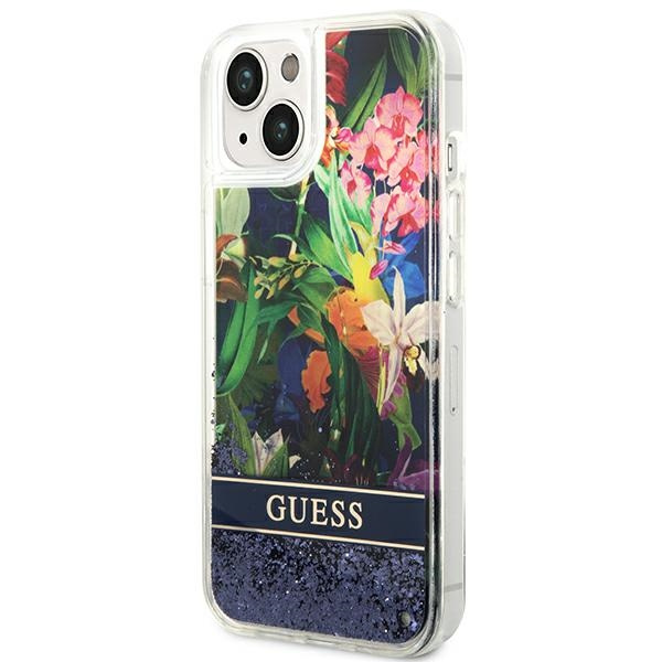 Hülle GUESS Apple iPhone 14 Plus Flower Liquid Glitter Blau Hardcase