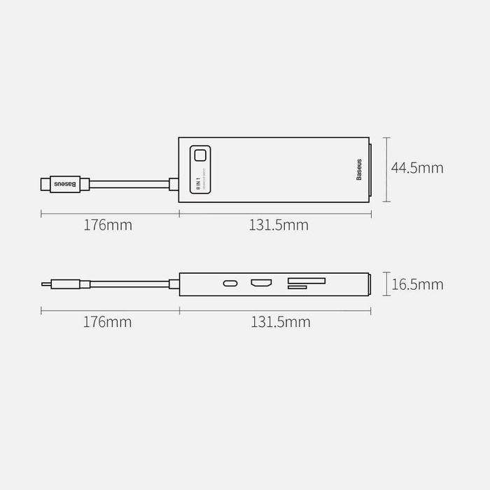 Baseus Metal Gleam 8v1 multifunkční HUB USB Typ C - USB Typ C Napájení 100 W / HDMI 4K 30 Hz / Čtečka karet SD a microSD / 3x USB 3.2 Gen 1 / RJ45 1 Gbps šedá (CAHUB-CV0G)