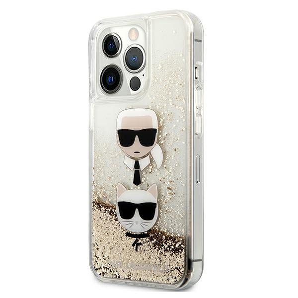 Puzdro KARL LAGERFELD Apple iPhone 13 Pro Max Liquid Glitter Karl &amp; Choupette Head Golden Hardcase