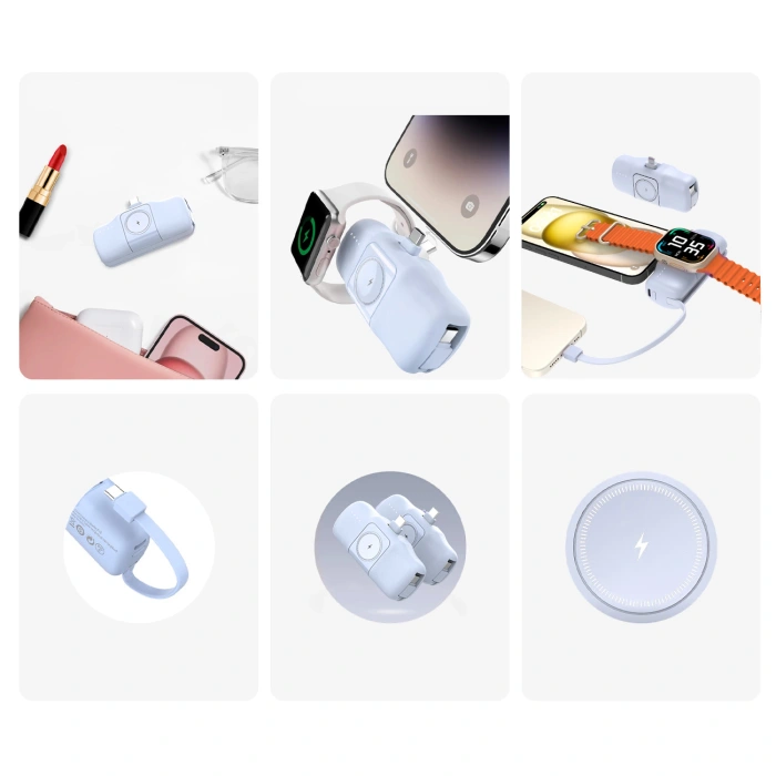 Mini powerbank Wozinsky WF16-YCS 5000mAh 15W USB-C z wbudowanym kablem USB-C i ładowarką do Apple Watch - niebieski