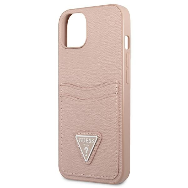Hülle GUESS Apple iPhone 13 Saffiano Dreieck Logo Kartenslot Rosa Hartcase