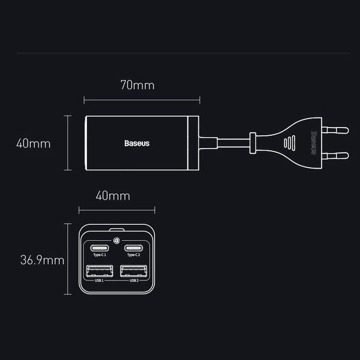 Baseus GaN3 Pro rychlá nabíječka GaN 2 x USB Type C / 2 x USB 65W PD, QC4.0 +, AFC + USB Type C - USB Type C kabel 1m černý (CCGP040101)