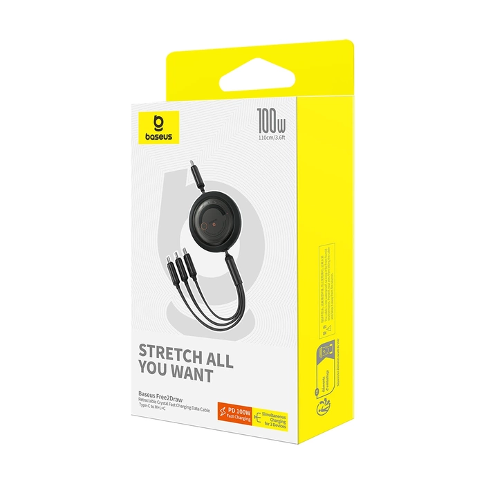 Baseus Free2Draw CB000084 einziehbares USB-C – Lightning /USB-C/Micro-USB-Kabel 100 W 1,1 m – Schwarz