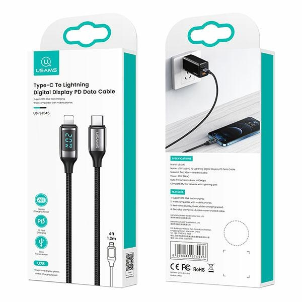 USAMS U78 USB-C a Lightning LED 1.2m 20W PD Cable trenzado de carga rápida blanco / blanco SJ545USB02 (US-SJ545)