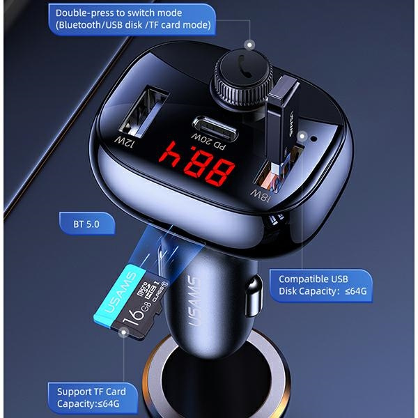 USAMS C25 50W kihangosító FM adóval, Bluetooth, MP3, 2xUSB / USB-C fekete / fekete CC143TC01 (US-CC143)