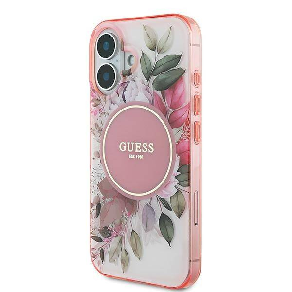 Etui Guess iPhone 16 6.1" różowy/pink hardcase IML Flower & Tonal Circle MagSafe