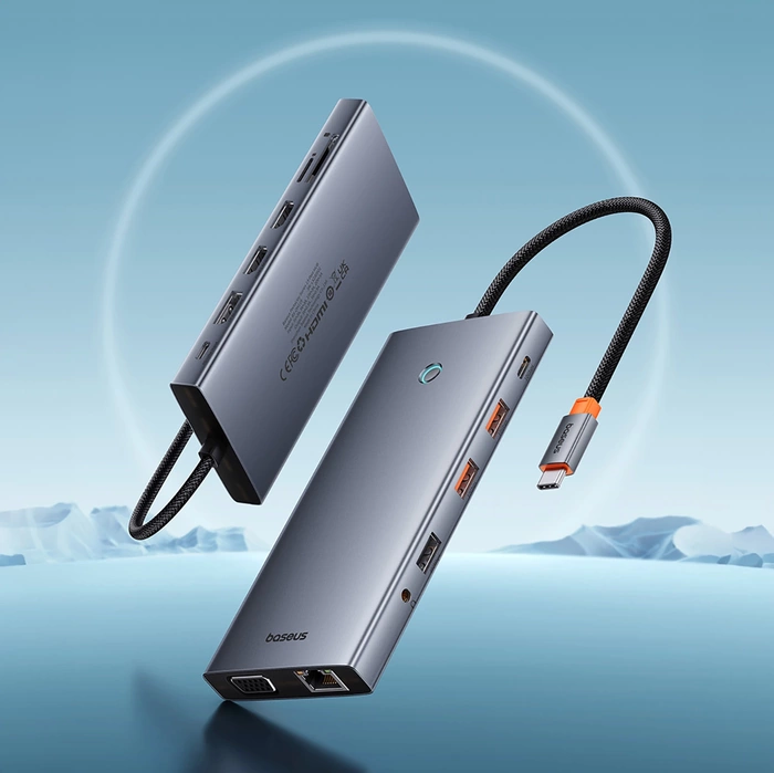 HUB Baseus PortalJoy Series 13in1 USB-C – 2x HDMI / DP / VGA / USB-A 3.1 / USB-C 3.1 / USB-A 2.0 / PD / RJ45 / SD / TF / AUX – grau